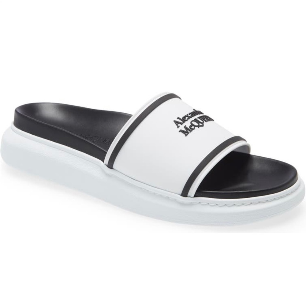 Alexander McQueen logo slide sandal. Brand new. White with black. Men’s size 9